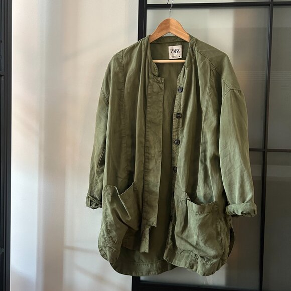 Zara Linen blend Jacket with Pockets Khaki, Medium, Like New - Picture 6 of 6